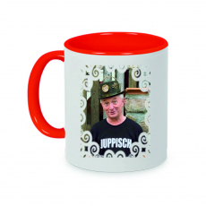Kaffetasse - coffeemug - JUPPISCH - TaDing - Aussen weiss - Innen rot - &quote;Rechtshänder&quote;